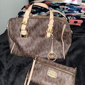 Michael Kors Brown and Tan Satchel with Wristlet